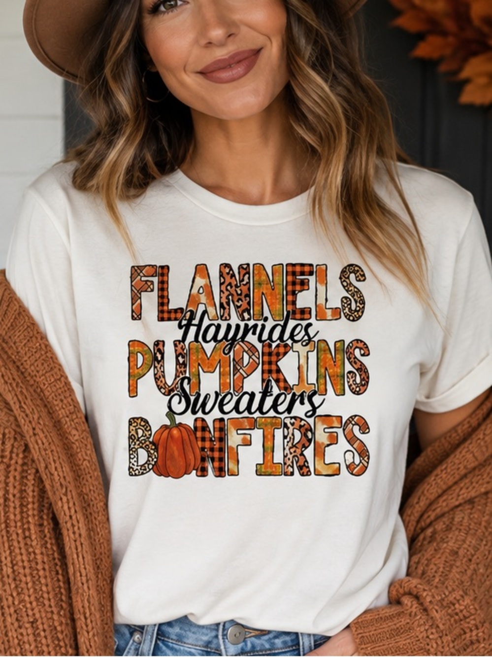 Cozy Fall Graphic Tee - Cream "Flannels Pumpkins Bonfires"